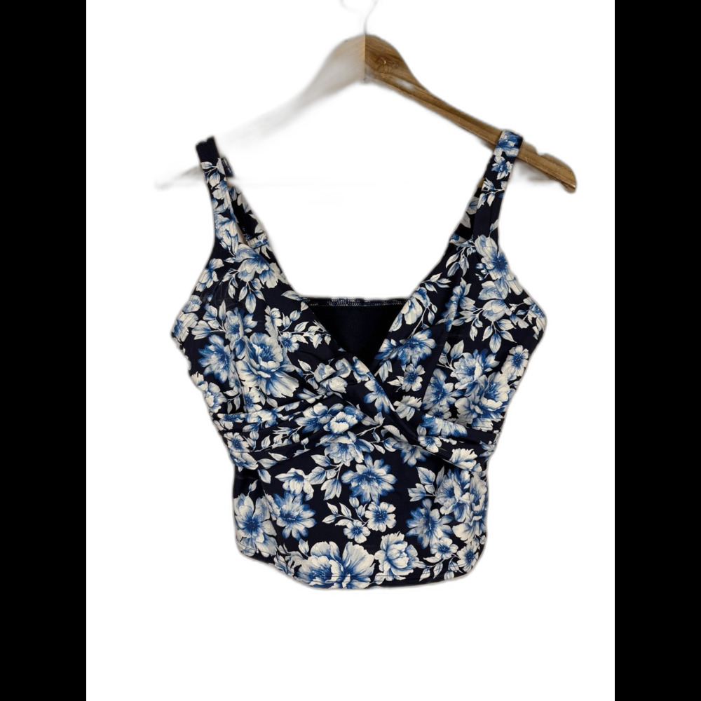 Lands' End Navy Blue Floral Tankini Swimsuit Top Underwire Women's 10 D Classic